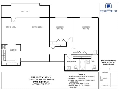 Floor plan for 2 beds, 1.5 baths, 910 sqft